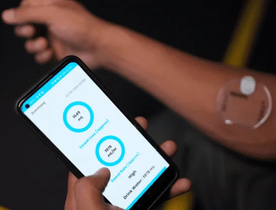 The HydroSense app showing a session sweat-loss reading