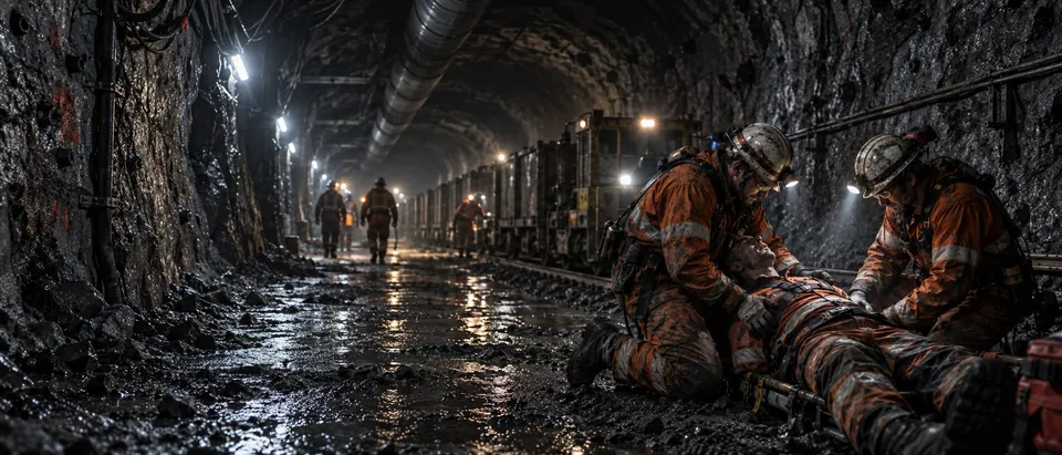 Mine rescue crew attending a collapsed miner underground